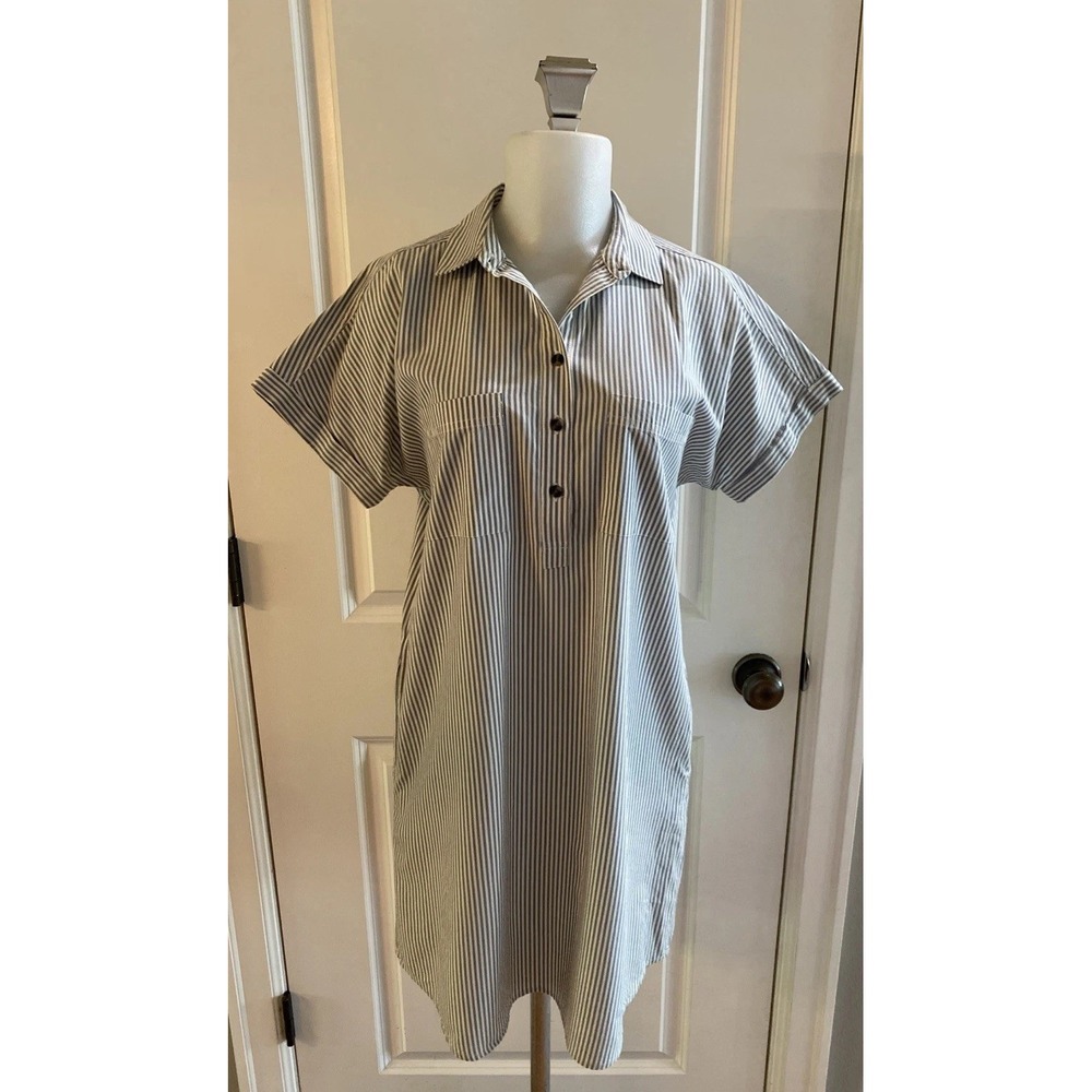 Marine Layer Womens Striped Button-Front Short Sleeve Shirt Dress Medium Blue